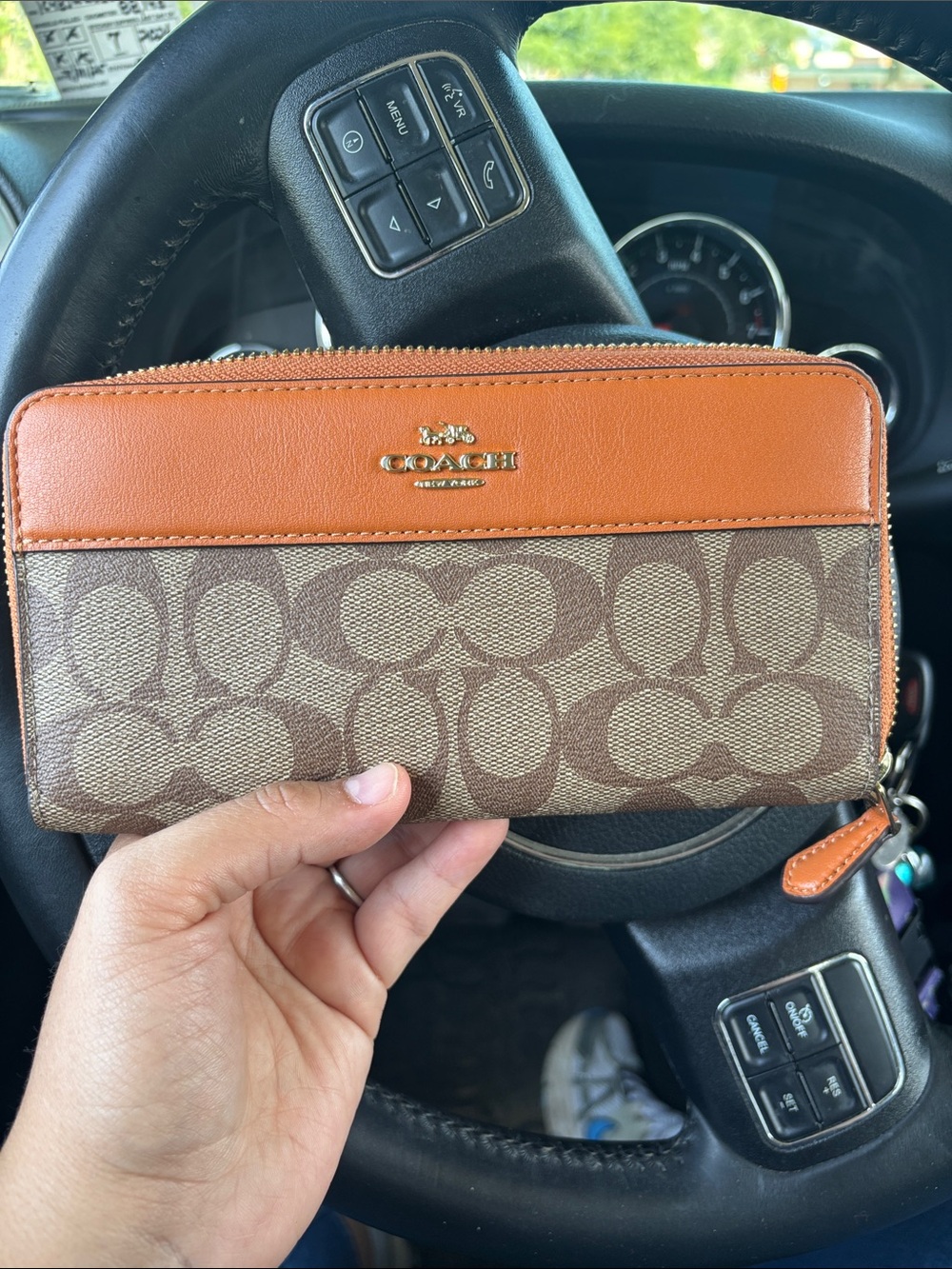 Coach Signature Canvas Continental Wallet with Orange Trim